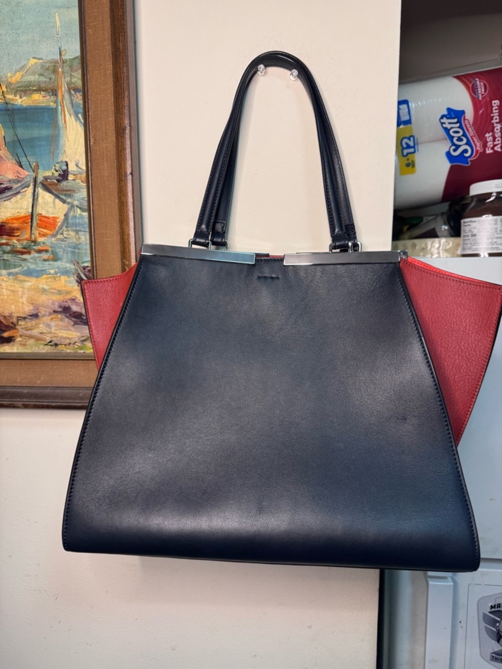 Fendi Trois 3jours Dark Blue and Red Leather Handle Handbag - Picture 2 of 15
